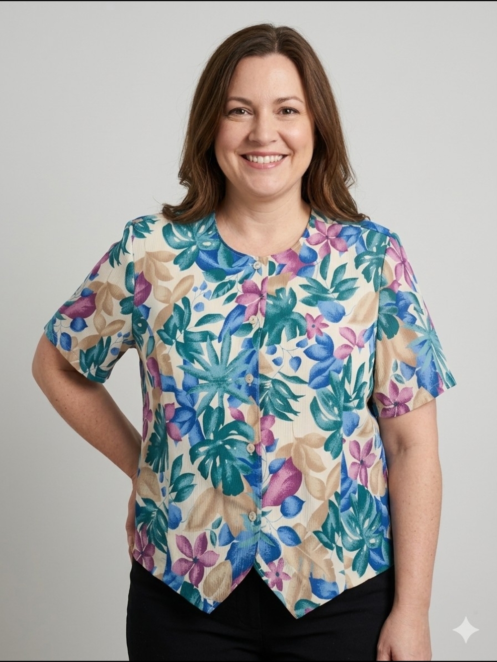 Vintage TanJay Floral Button-Front Short Sleeve Top in Cream, Teal and Purple